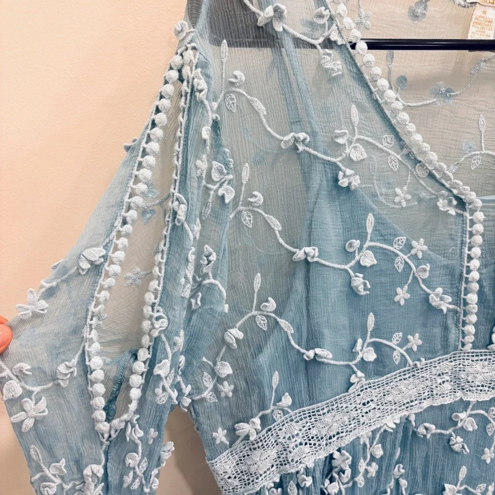 Sundance Blue Embroidered Mesh Lace Empire Waist Dress Sz 16 Boho Cottagecore - Picture 5 of 12